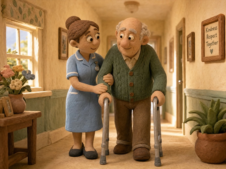 A nurse gently helping an elderly man with a walking frame down a sunlit care home hallway