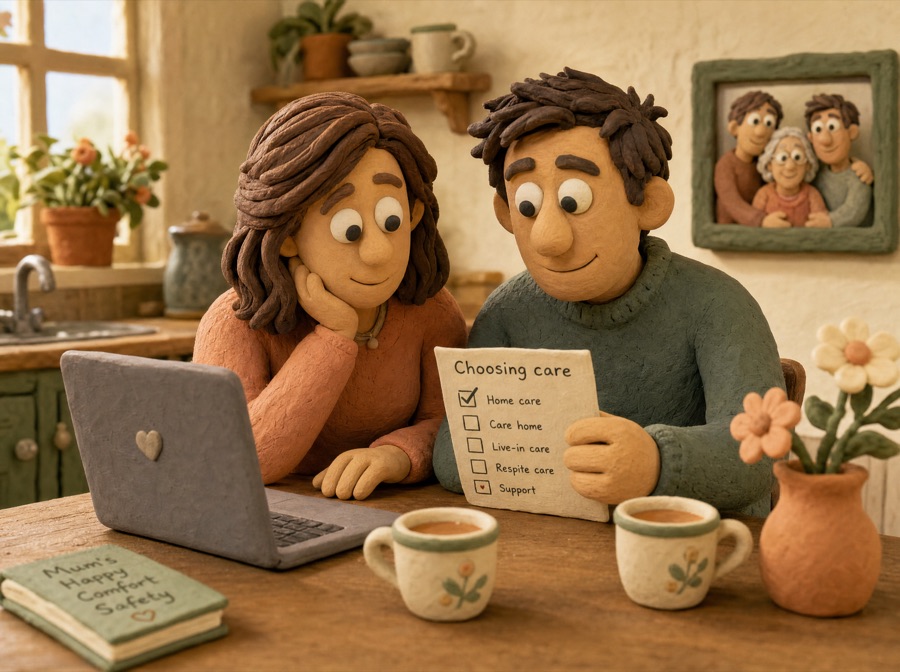 An adult daughter and son at a kitchen table comparing aged care options with a checklist