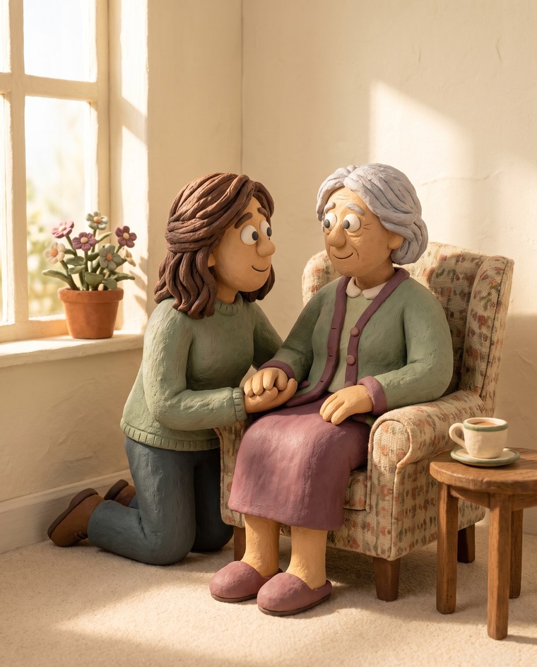 A daughter holding her elderly mother's hand in a warm, sunlit room